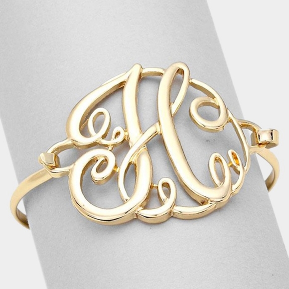 Gold H Monogram Curlicue Metal Round Classic Calligraphy Initial Hook Bracelet - Picture 1 of 6
